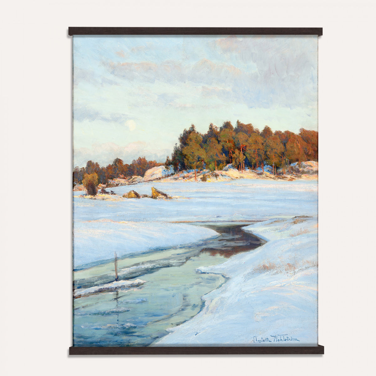 58927975-MGV-TP-24X36 - Realism oil painting tapestry wall hanging of "An Evening in March" by Charlotte Wahlstrom, showing bare late-winter trees along a still river, patches of melting snow, and a low golden evening light on the horizon in cool blue snow shadows against a warm amber sunset sky. Extra large wall art, made in the USA.