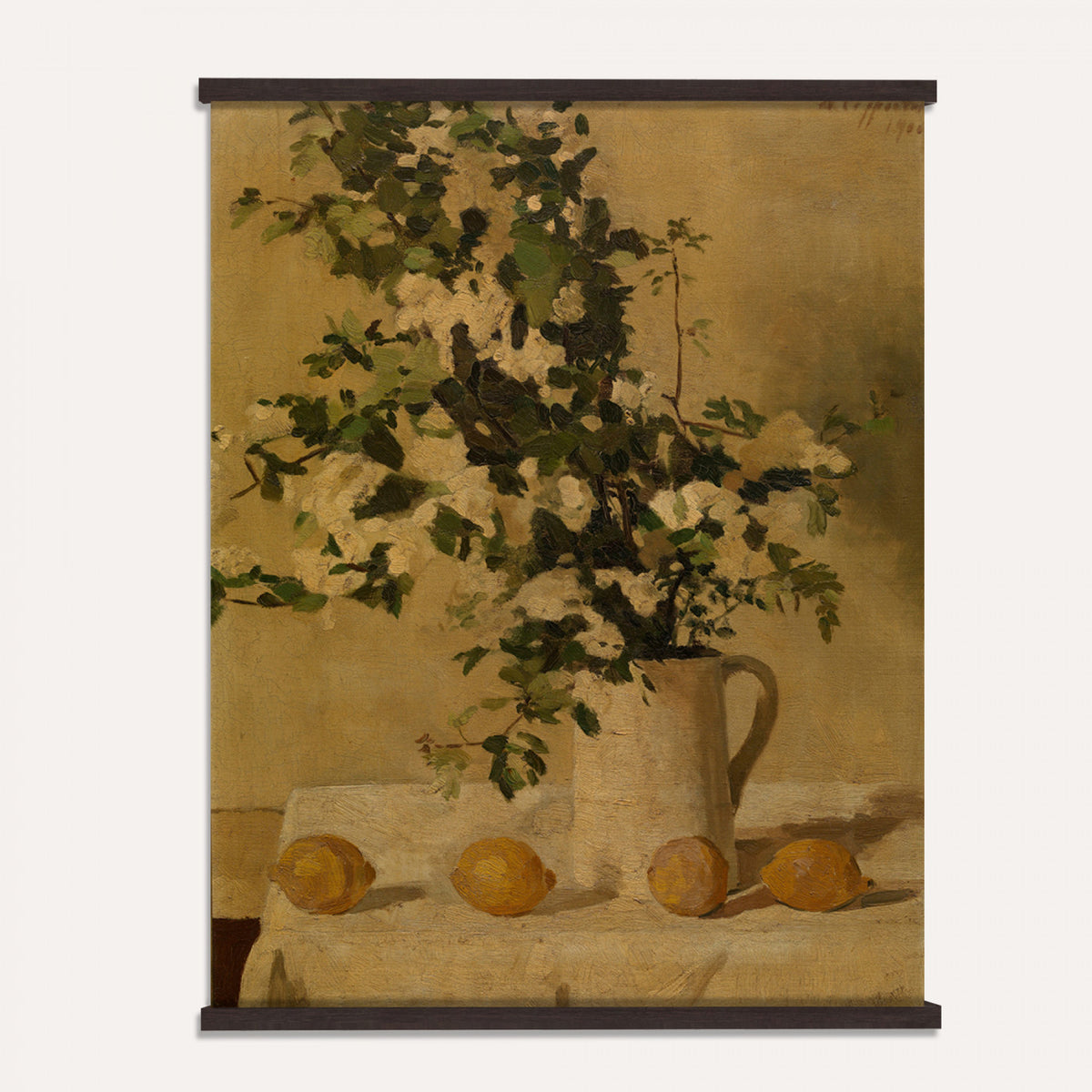 64966890-MGV-TP-24X36 - Still Life oil painting tapestry wall hanging of "Lemons and White Flowers", showing bright lemons beside a vase of white blooms on a plain table, lit softly from one side in warm yellow lemons and white petals against a soft neutral ground. Extra large wall art, made in the USA.