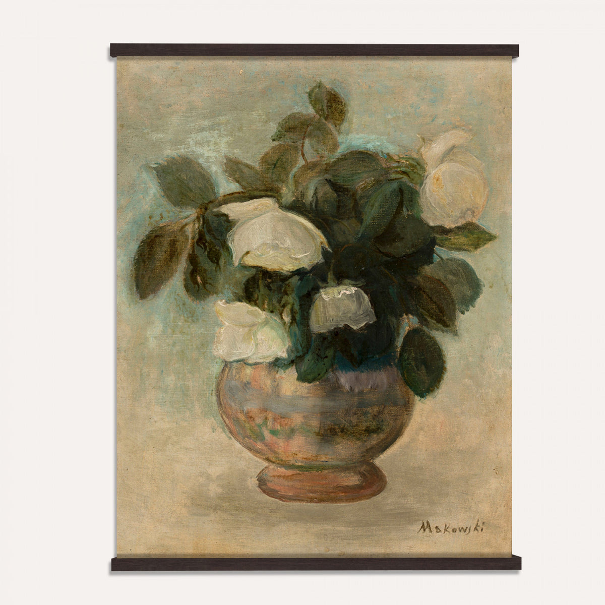 62119006-MGV-TP-24X36 - Post Impressionism oil painting tapestry wall hanging of "White Roses" by Tadeusz Makowski, showing a full bunch of white roses in a simple vase, softly lit against a plain shadowed background in creamy white rose petals and green leaves against a muted warm background. Extra large wall art, made in the USA.