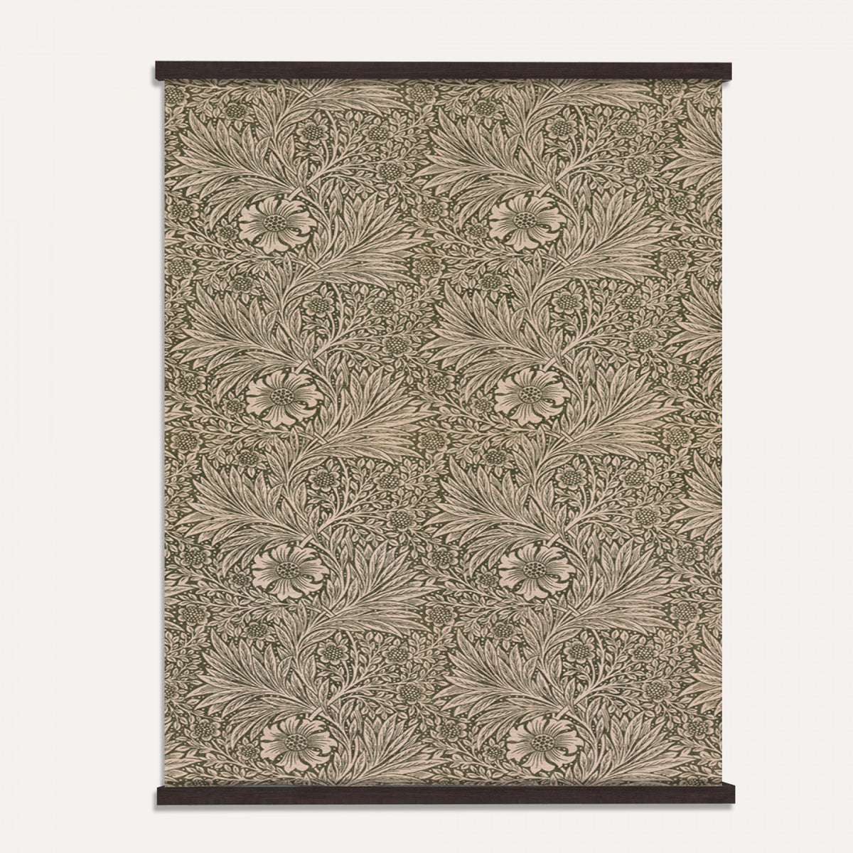 10707888-MGV-TP-24X36 - Art Nouveau pattern design tapestry wall hanging of "Marigold" by William Morris, showing a dense, perfectly balanced repeat of curling marigold blooms, scrolling stems, and layered leaf work in deep olive and sage green with warm cream botanical linework. Extra large wall art, made in the USA.