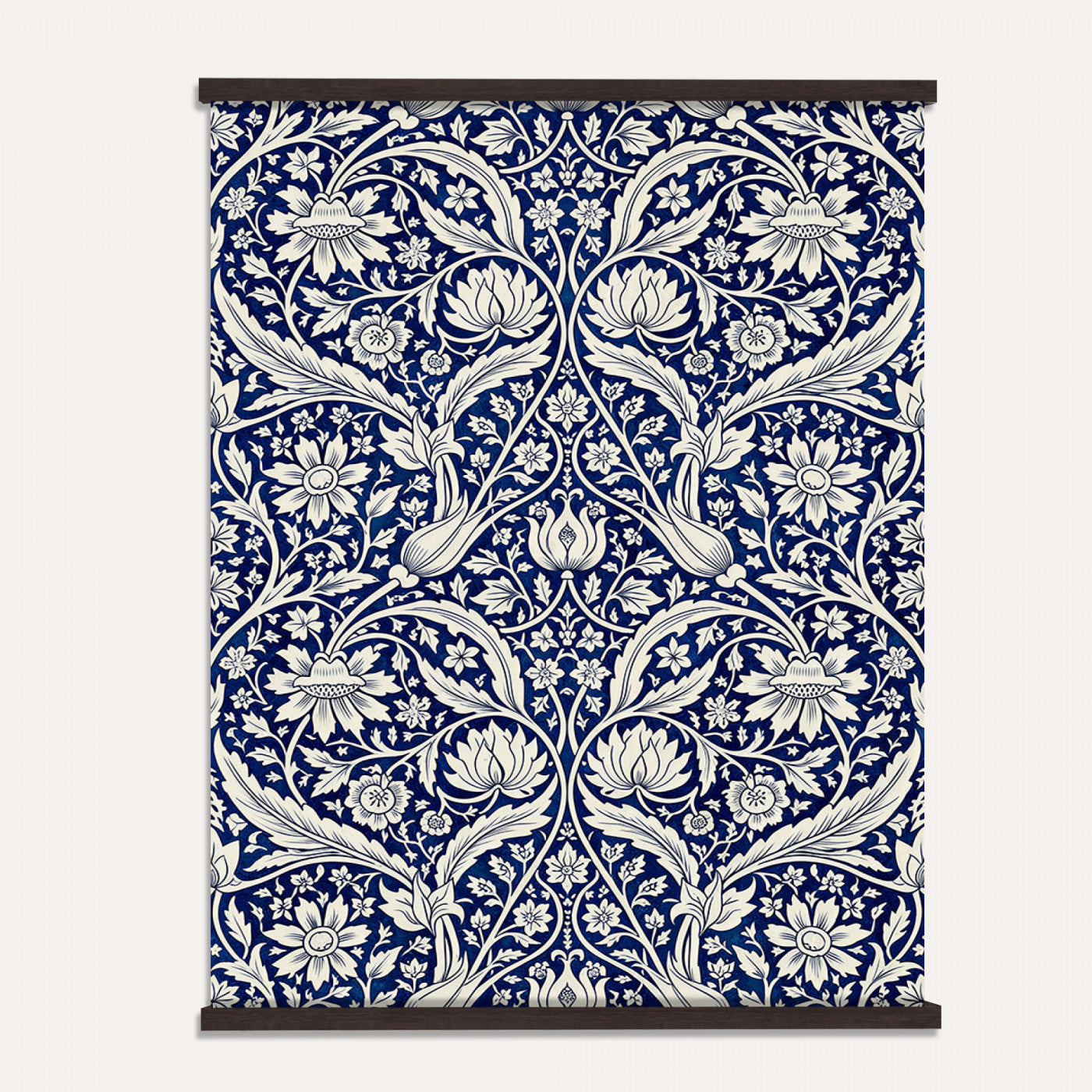 50161276-MGV-TP-24X36 - Art Nouveau pattern design tapestry wall hanging of "Indigo Botanical Pattern" by William Morris, showing trailing indigo stems, open blossoms and curling leaves repeating across the full width in deep indigo and cobalt blue with soft cream linework. Extra large wall art, made in the USA.