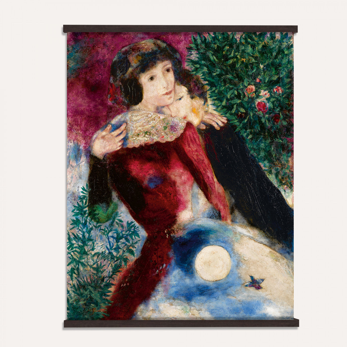 67037419-MGV-TP-24X36 - Surrealism oil painting tapestry wall hanging of "Bella with a White Collar" by Marc Chagall, showing a towering figure in a white collar above a small embracing couple, set under a soft moonlit sky in deep green foliage and soft blue sky with a pale white collar. Extra large wall art, made in the USA.