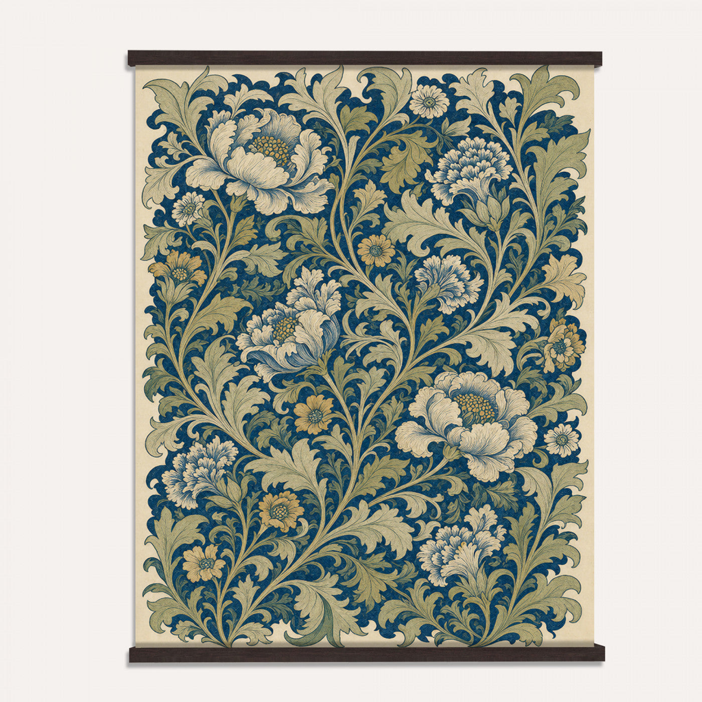 73280146-MGV-TP-24X36 - Art Nouveau pattern design tapestry wall hanging of "Sage Botanical Pattern" by William Morris, showing sage green stems, open flowers and layered foliage repeating in a balanced botanical weave in sage and olive green with soft cream botanical linework. Extra large wall art, made in the USA.