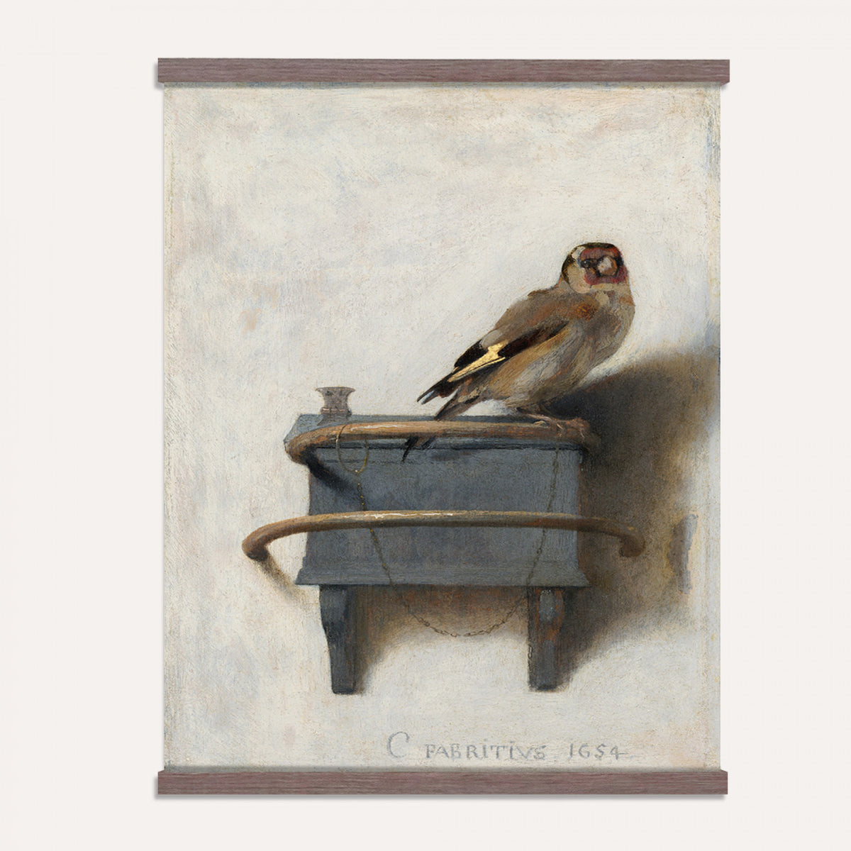 88453247-MGV-TP-24X36 - Dutch Golden Age oil painting tapestry wall hanging of "The Goldfinch" by Carel Fabritius, showing a small goldfinch chained to its feeder box, painted against a pale sunlit wall in famous trompe l'oeil detail in warm gold and black bird plumage against a pale cream sunlit wall. Extra large wall art, made in the USA.