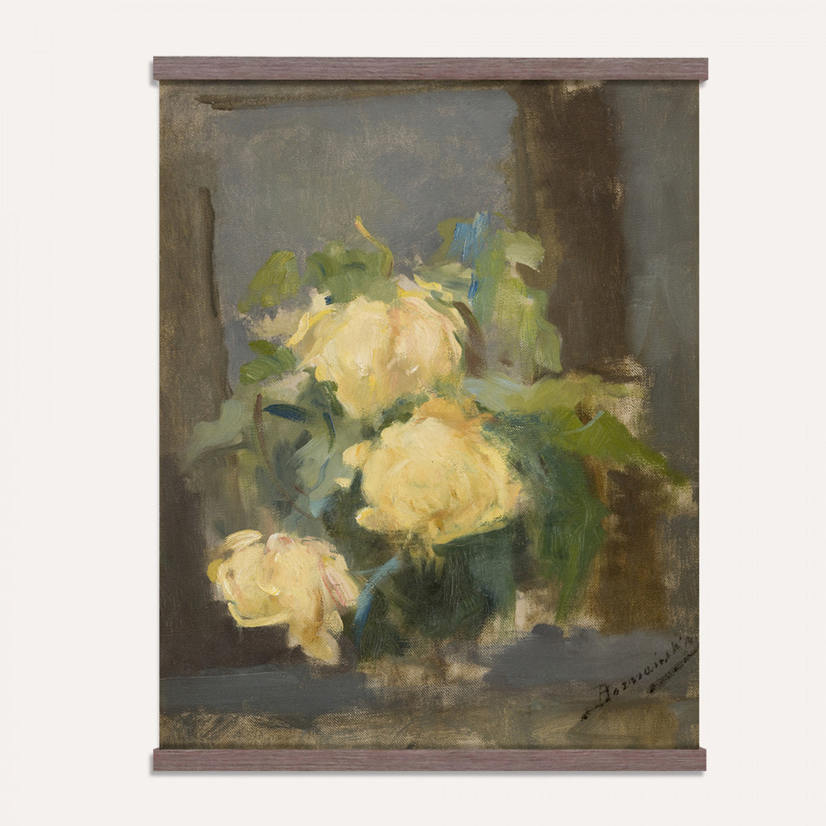 61165615-MGV-TP-24X36 - Impressionism oil painting tapestry wall hanging of "Golden Roses" by Olga Boznanska, showing a loose bunch of golden yellow roses in a glass vase, painted with soft dissolving edges against a warm ground in warm golden-yellow rose petals against a soft muted brown background. Extra large wall art, made in the USA.