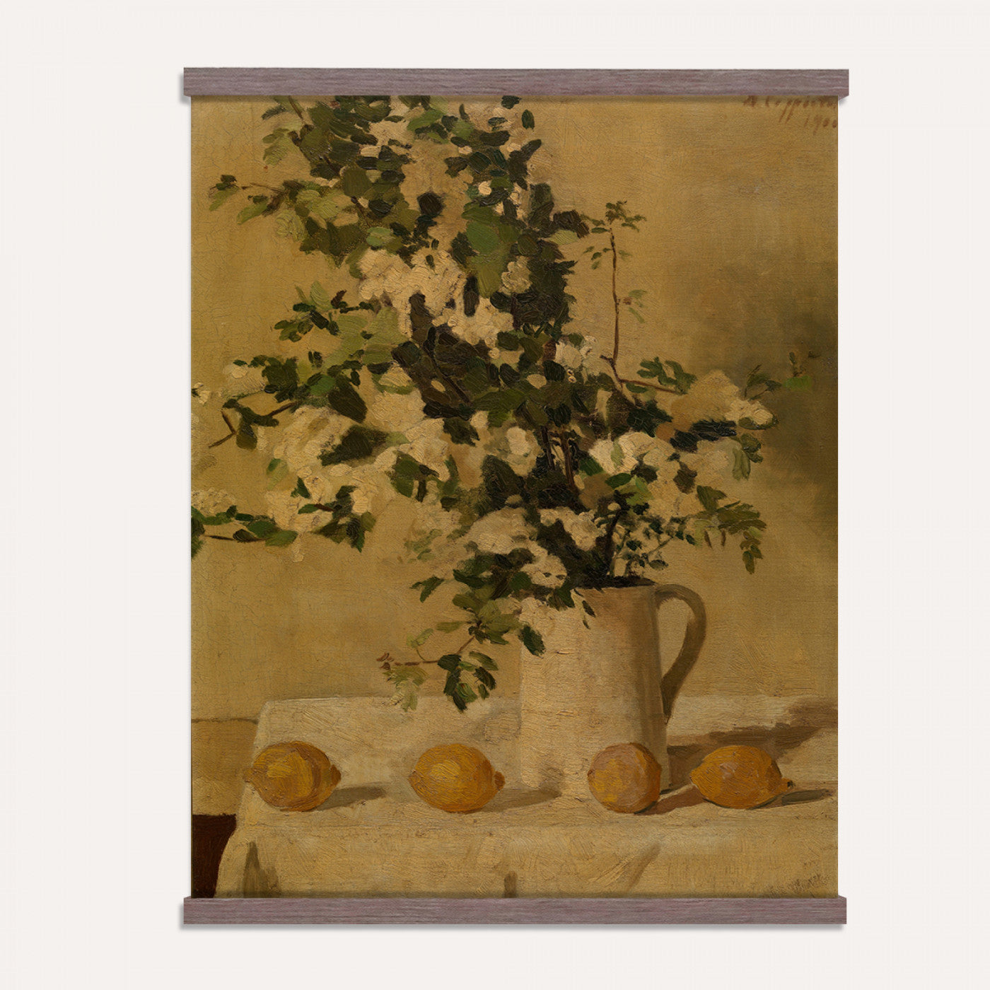64966890-MGV-TP-24X36 - Still Life oil painting tapestry wall hanging of "Lemons and White Flowers", showing bright lemons beside a vase of white blooms on a plain table, lit softly from one side in warm yellow lemons and white petals against a soft neutral ground. Extra large wall art, made in the USA.
