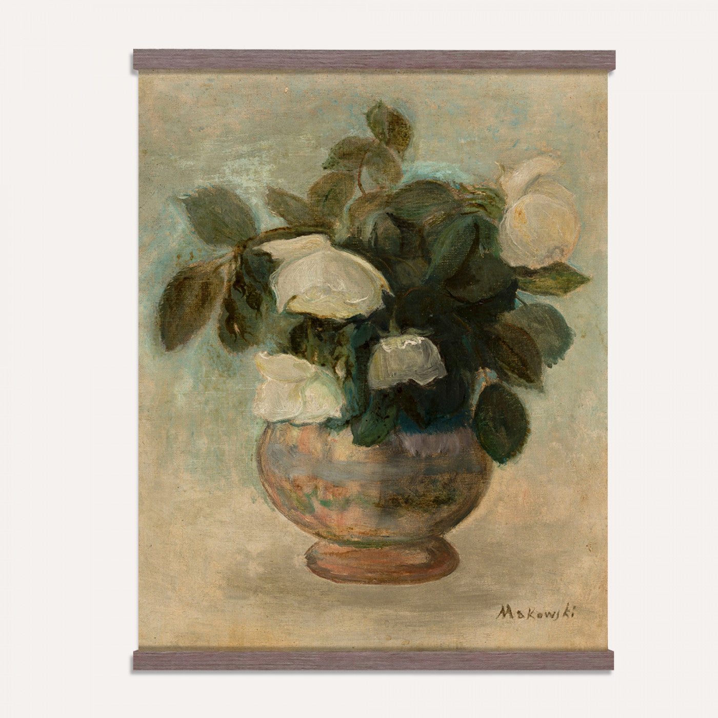 62119006-MGV-TP-24X36 - Post Impressionism oil painting tapestry wall hanging of "White Roses" by Tadeusz Makowski, showing a full bunch of white roses in a simple vase, softly lit against a plain shadowed background in creamy white rose petals and green leaves against a muted warm background. Extra large wall art, made in the USA.