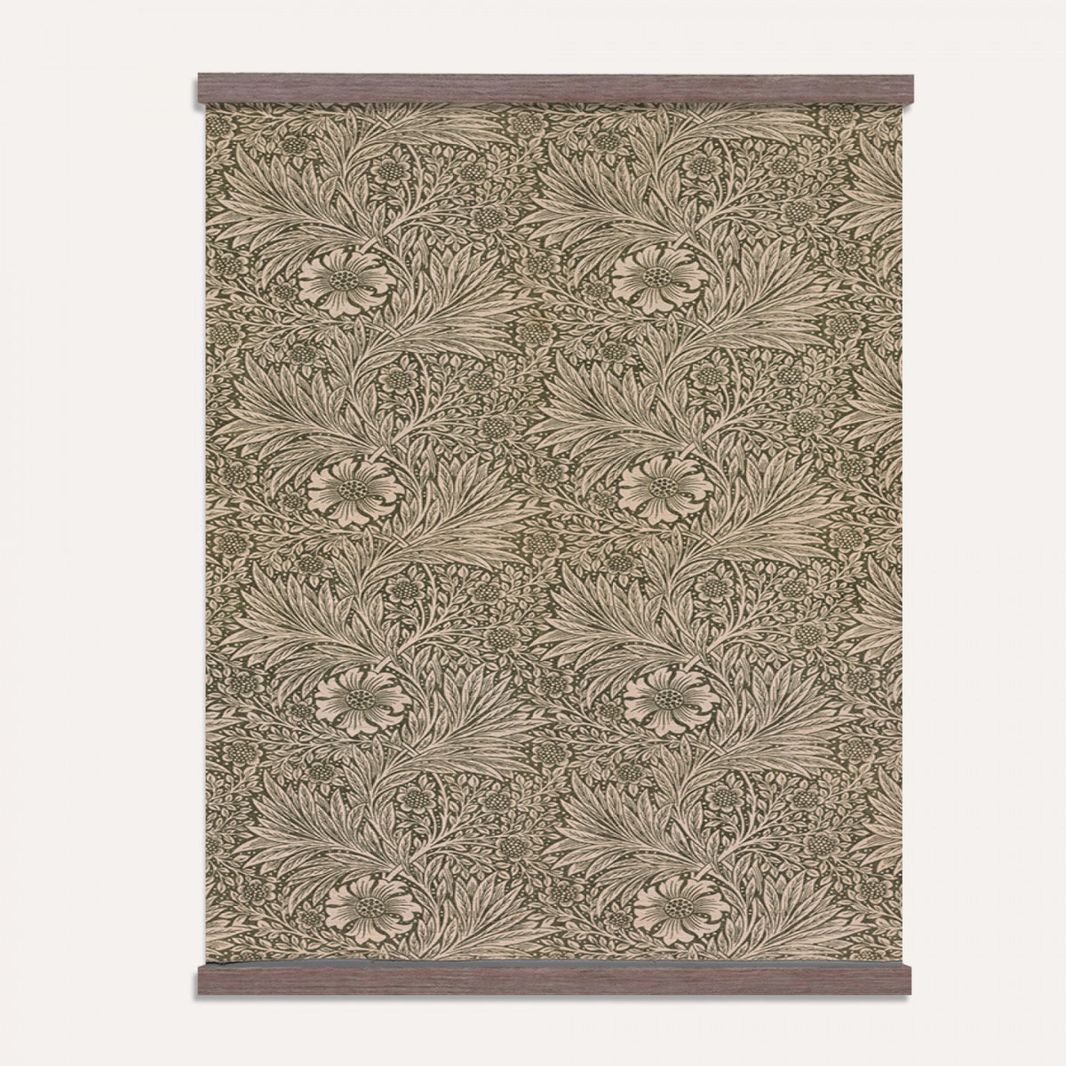 10707888-MGV-TP-24X36 - Art Nouveau pattern design tapestry wall hanging of "Marigold" by William Morris, showing a dense, perfectly balanced repeat of curling marigold blooms, scrolling stems, and layered leaf work in deep olive and sage green with warm cream botanical linework. Extra large wall art, made in the USA.