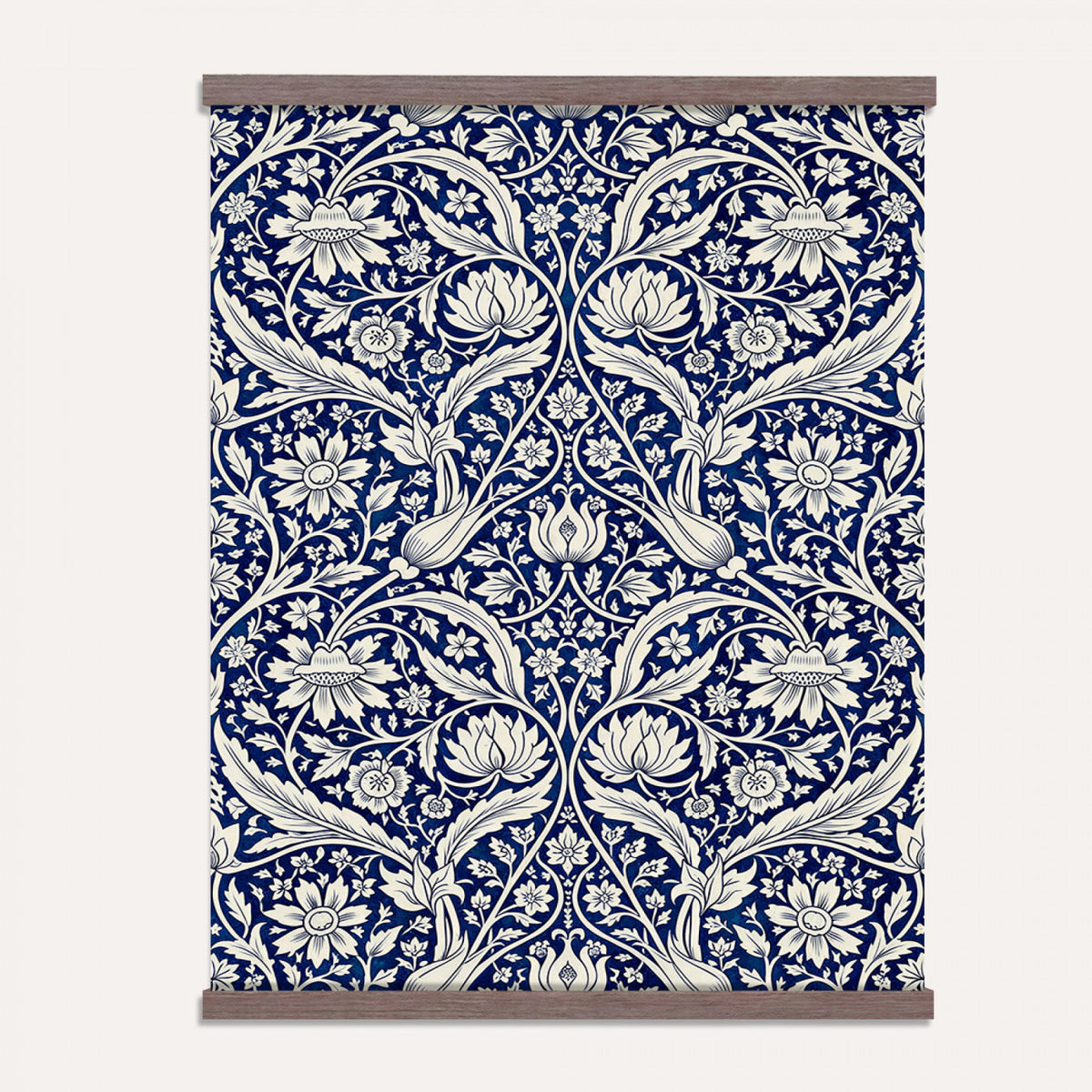 50161276-MGV-TP-24X36 - Art Nouveau pattern design tapestry wall hanging of "Indigo Botanical Pattern" by William Morris, showing trailing indigo stems, open blossoms and curling leaves repeating across the full width in deep indigo and cobalt blue with soft cream linework. Extra large wall art, made in the USA.