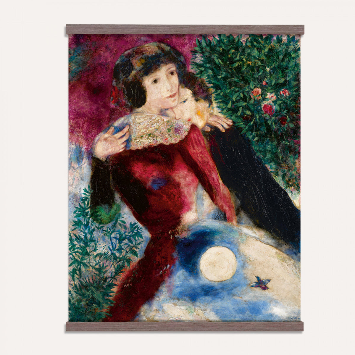 67037419-MGV-TP-24X36 - Surrealism oil painting tapestry wall hanging of "Bella with a White Collar" by Marc Chagall, showing a towering figure in a white collar above a small embracing couple, set under a soft moonlit sky in deep green foliage and soft blue sky with a pale white collar. Extra large wall art, made in the USA.