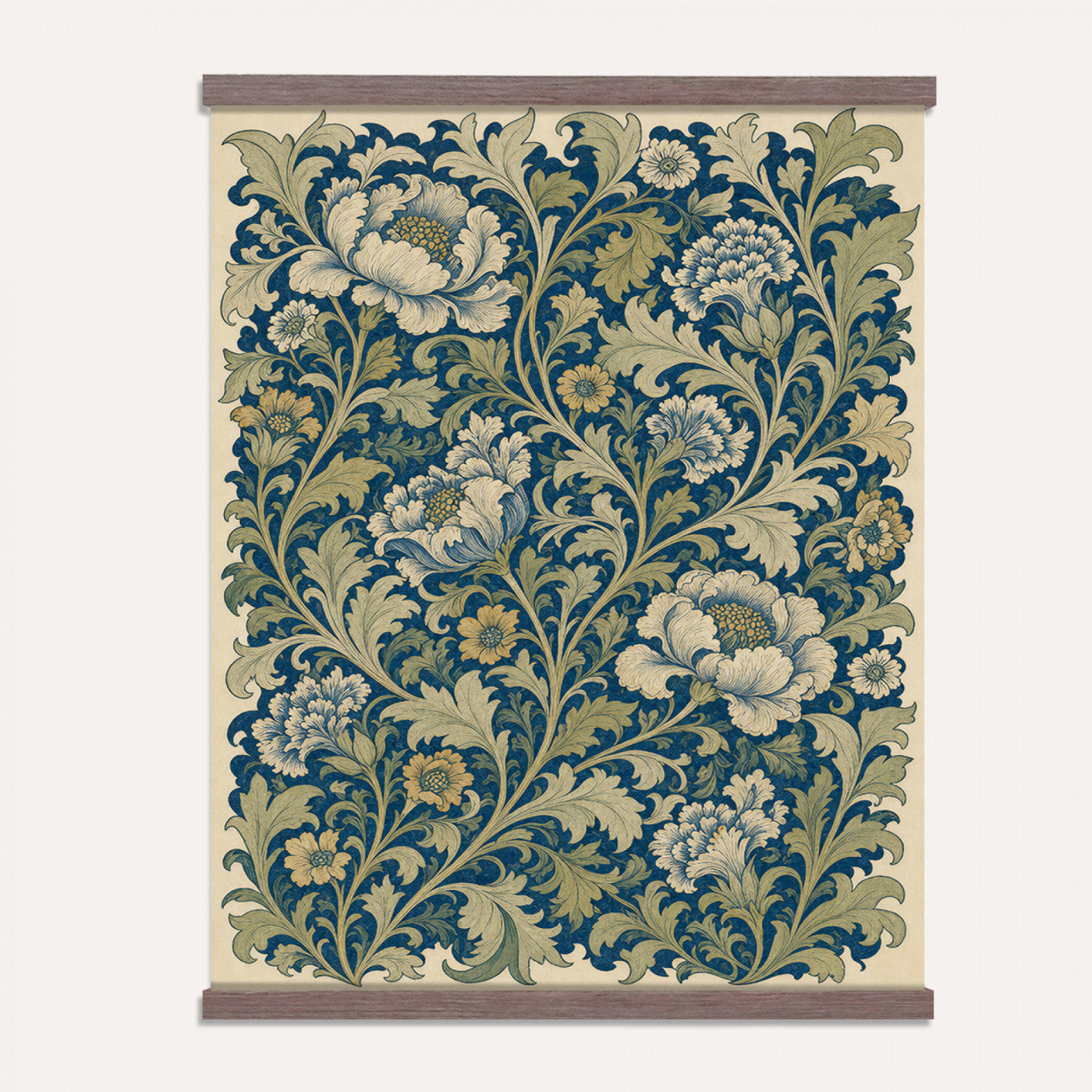 73280146-MGV-TP-24X36 - Art Nouveau pattern design tapestry wall hanging of "Sage Botanical Pattern" by William Morris, showing sage green stems, open flowers and layered foliage repeating in a balanced botanical weave in sage and olive green with soft cream botanical linework. Extra large wall art, made in the USA.