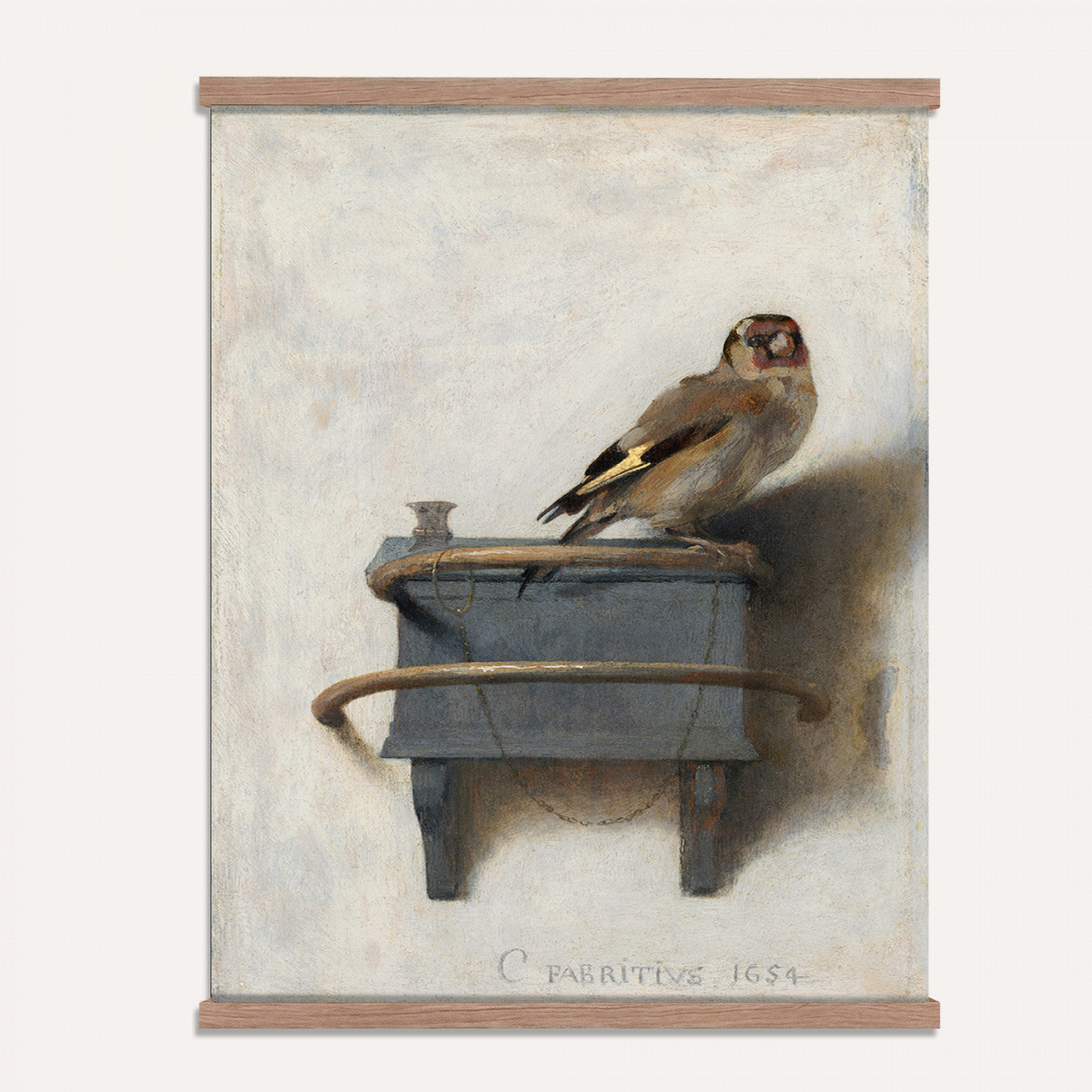 88453247-MGV-TP-24X36 - Dutch Golden Age oil painting tapestry wall hanging of "The Goldfinch" by Carel Fabritius, showing a small goldfinch chained to its feeder box, painted against a pale sunlit wall in famous trompe l'oeil detail in warm gold and black bird plumage against a pale cream sunlit wall. Extra large wall art, made in the USA.