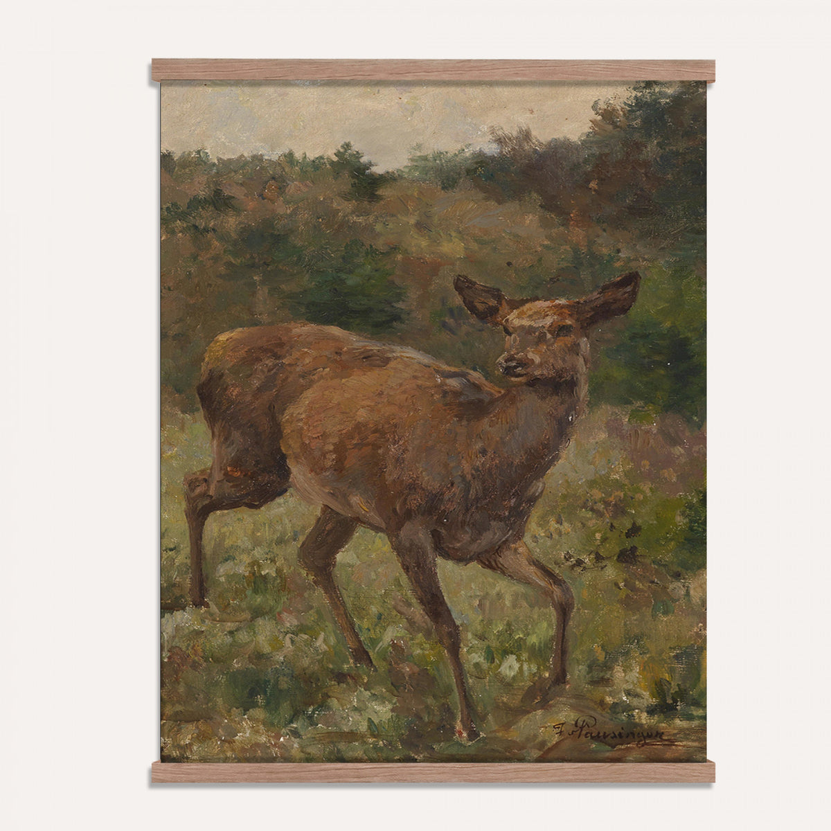 33154634-MGV-TP-24X36 - Realism oil painting tapestry wall hanging of "Rotwild" by Franz Xaver von Pausinger, showing a herd of red deer resting in a quiet clearing, tall grasses, and dark forest edges fading into soft light in warm russet deer coats against deep forest green and golden grass. Extra large wall art, made in the USA.