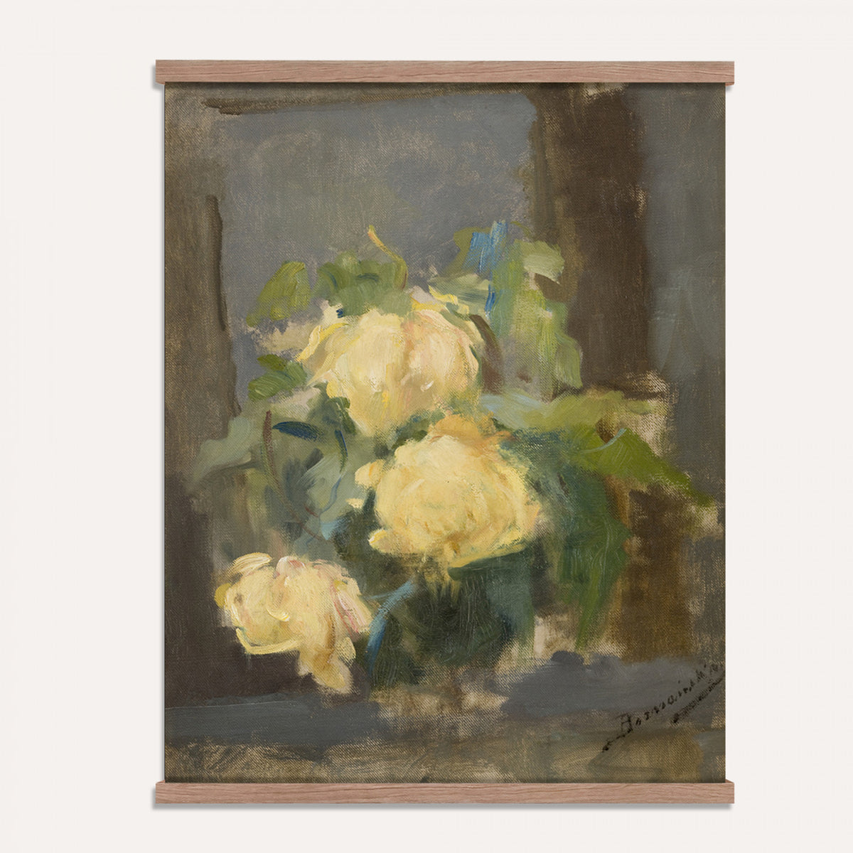 61165615-MGV-TP-24X36 - Impressionism oil painting tapestry wall hanging of "Golden Roses" by Olga Boznanska, showing a loose bunch of golden yellow roses in a glass vase, painted with soft dissolving edges against a warm ground in warm golden-yellow rose petals against a soft muted brown background. Extra large wall art, made in the USA.