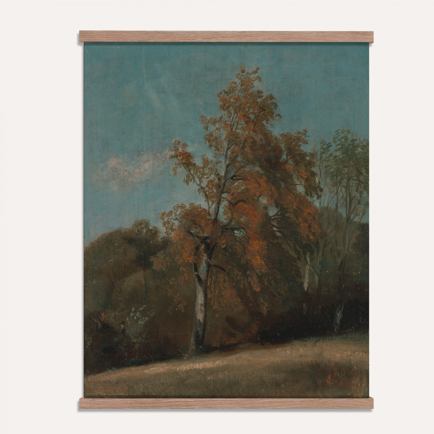 36386230-MGV-TP-24X36 - Realism oil study tapestry wall hanging of "Pine Tree Study" by Ivan Shishkin, showing a single towering pine studied in close detail, with heavy needled branches and rough bark against open forest light in deep evergreen needles and warm red-brown bark under soft daylight. Extra large wall art, made in the USA.