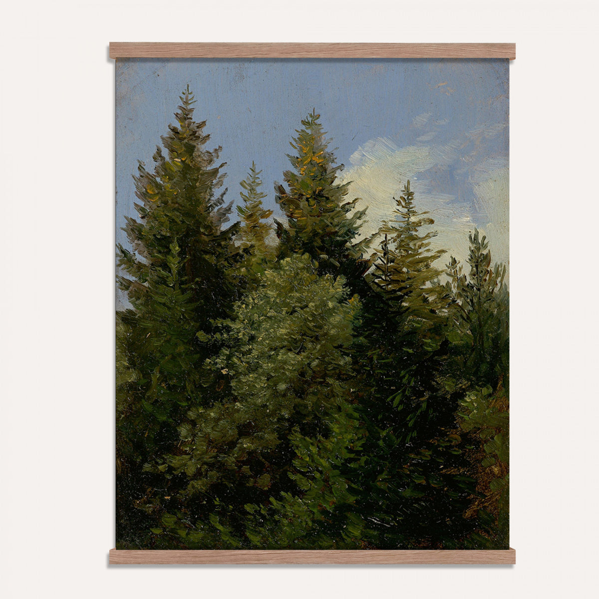 93511960-MGV-TP-24X36 - Realism oil study tapestry wall hanging of "Pine Tree Study" by Ivan Shishkin, showing a single towering pine studied in close detail, with heavy needled branches and rough bark against open forest light in deep evergreen needles and warm red-brown bark under soft daylight. Extra large wall art, made in the USA.