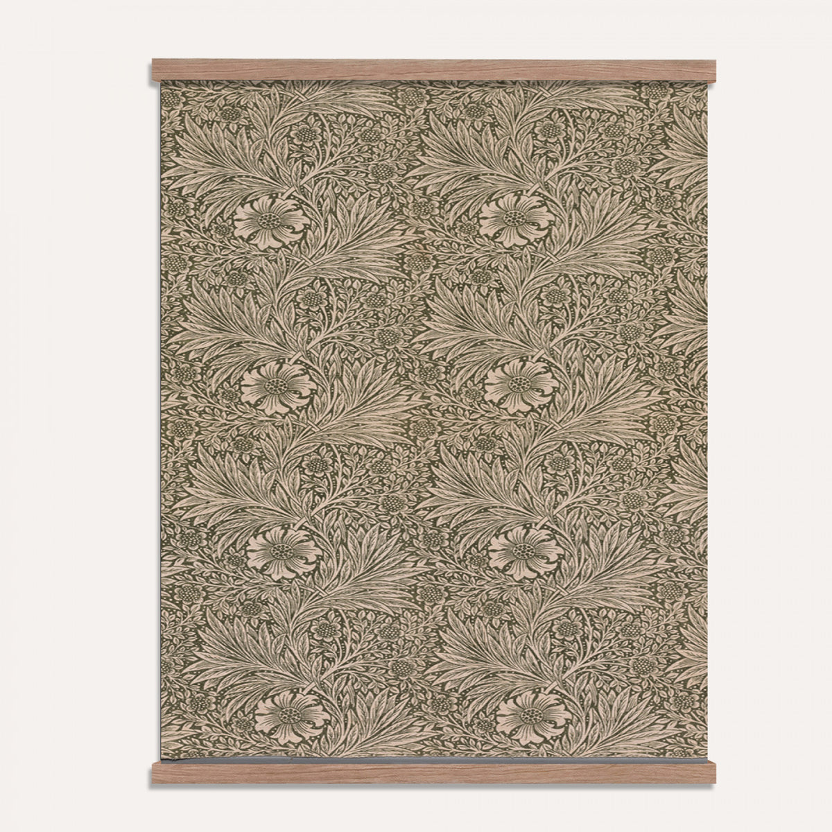 10707888-MGV-TP-24X36 - Art Nouveau pattern design tapestry wall hanging of "Marigold" by William Morris, showing a dense, perfectly balanced repeat of curling marigold blooms, scrolling stems, and layered leaf work in deep olive and sage green with warm cream botanical linework. Extra large wall art, made in the USA.
