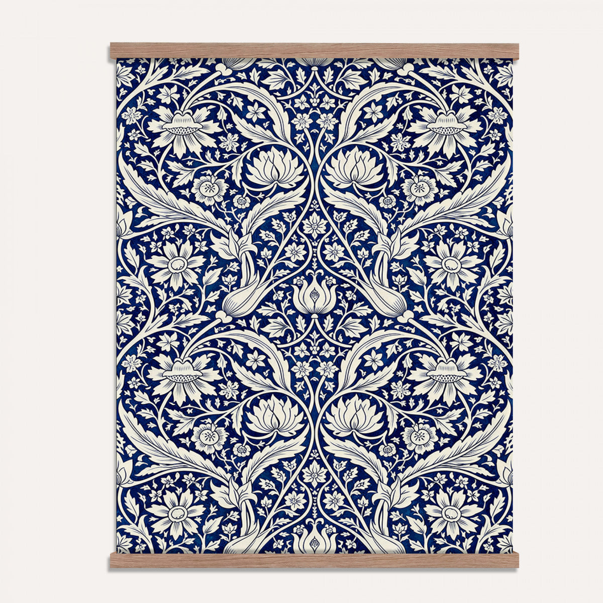 50161276-MGV-TP-24X36 - Art Nouveau pattern design tapestry wall hanging of "Indigo Botanical Pattern" by William Morris, showing trailing indigo stems, open blossoms and curling leaves repeating across the full width in deep indigo and cobalt blue with soft cream linework. Extra large wall art, made in the USA.