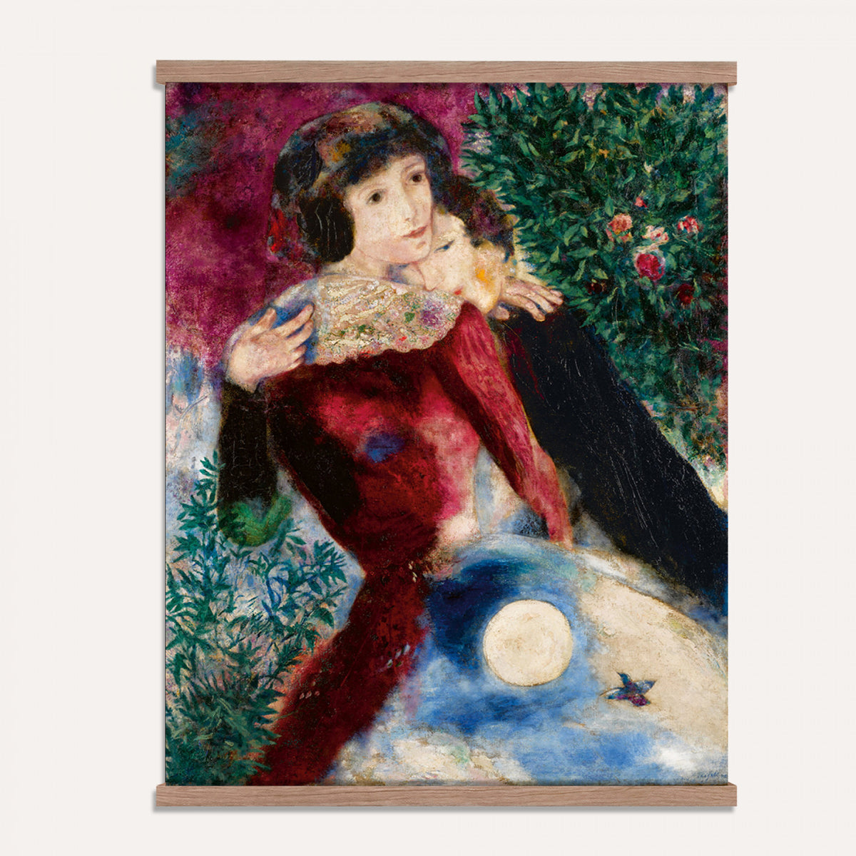 67037419-MGV-TP-24X36 - Surrealism oil painting tapestry wall hanging of "Bella with a White Collar" by Marc Chagall, showing a towering figure in a white collar above a small embracing couple, set under a soft moonlit sky in deep green foliage and soft blue sky with a pale white collar. Extra large wall art, made in the USA.