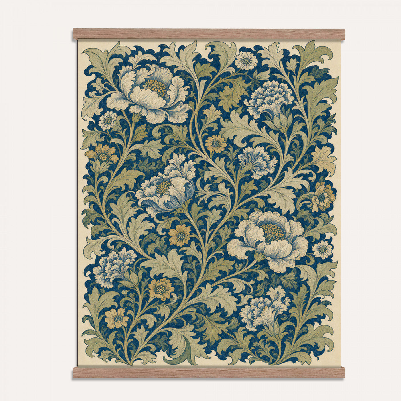 73280146-MGV-TP-24X36 - Art Nouveau pattern design tapestry wall hanging of "Sage Botanical Pattern" by William Morris, showing sage green stems, open flowers and layered foliage repeating in a balanced botanical weave in sage and olive green with soft cream botanical linework. Extra large wall art, made in the USA.
