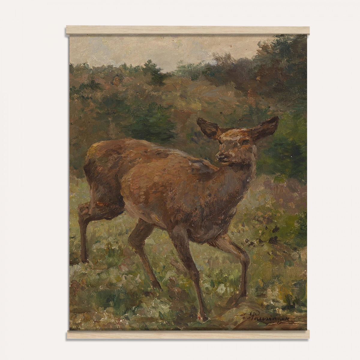 33154634-MGV-TP-24X36 - Realism oil painting tapestry wall hanging of "Rotwild" by Franz Xaver von Pausinger, showing a herd of red deer resting in a quiet clearing, tall grasses, and dark forest edges fading into soft light in warm russet deer coats against deep forest green and golden grass. Extra large wall art, made in the USA.