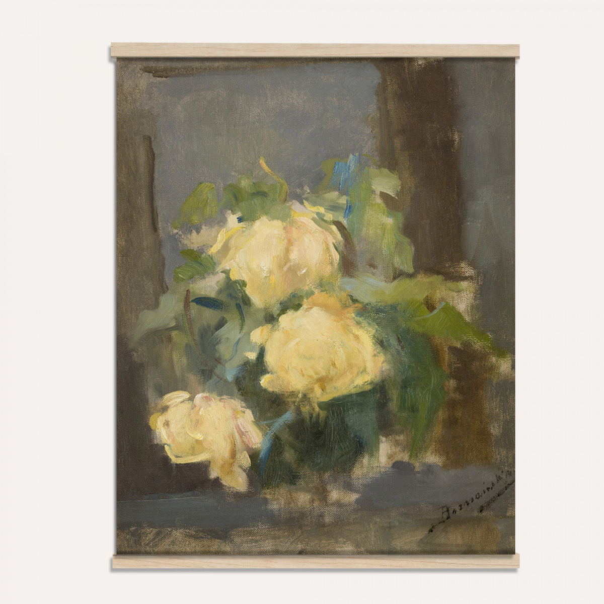 61165615-MGV-TP-24X36 - Impressionism oil painting tapestry wall hanging of "Golden Roses" by Olga Boznanska, showing a loose bunch of golden yellow roses in a glass vase, painted with soft dissolving edges against a warm ground in warm golden-yellow rose petals against a soft muted brown background. Extra large wall art, made in the USA.