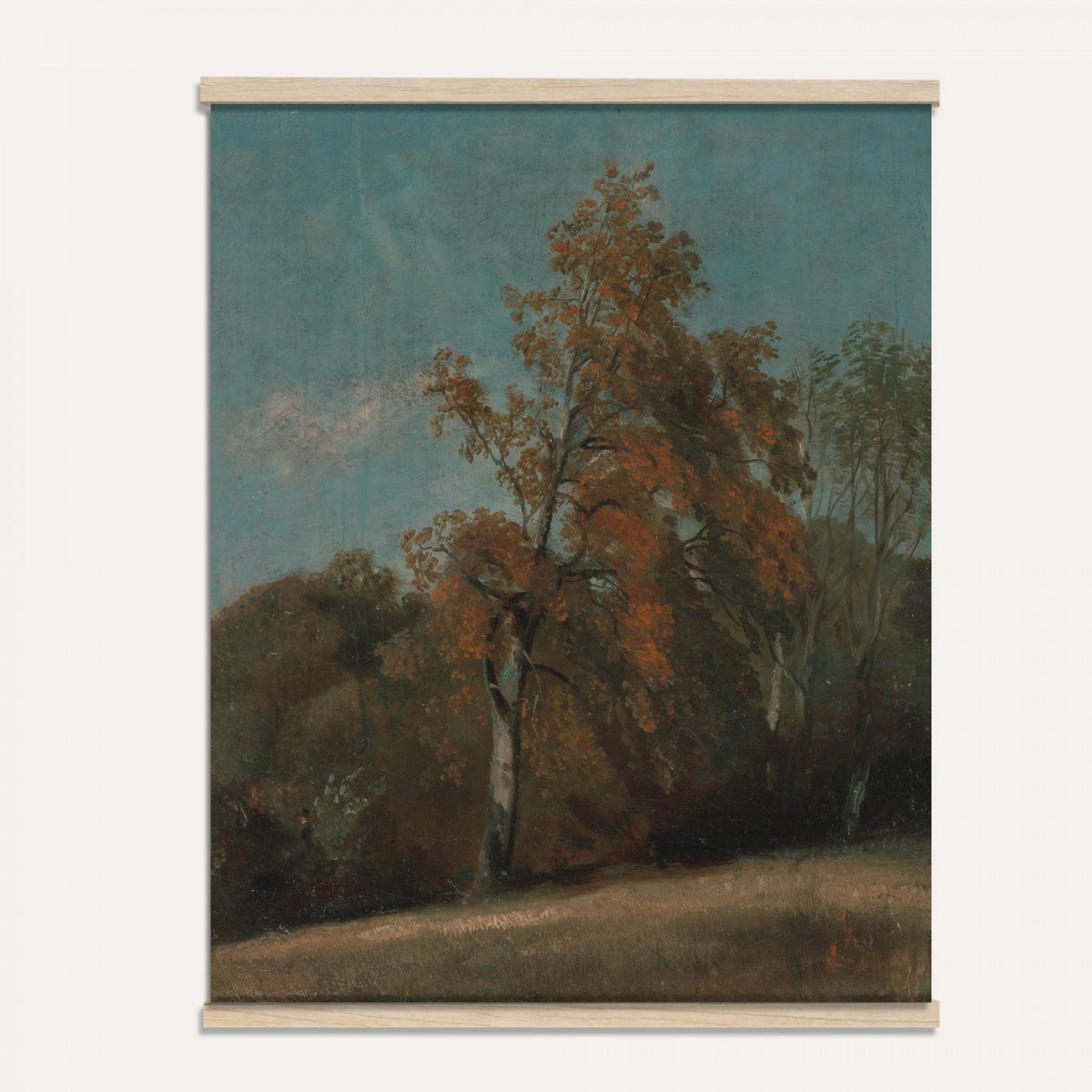 36386230-MGV-TP-24X36 - Realism oil study tapestry wall hanging of "Pine Tree Study" by Ivan Shishkin, showing a single towering pine studied in close detail, with heavy needled branches and rough bark against open forest light in deep evergreen needles and warm red-brown bark under soft daylight. Extra large wall art, made in the USA.