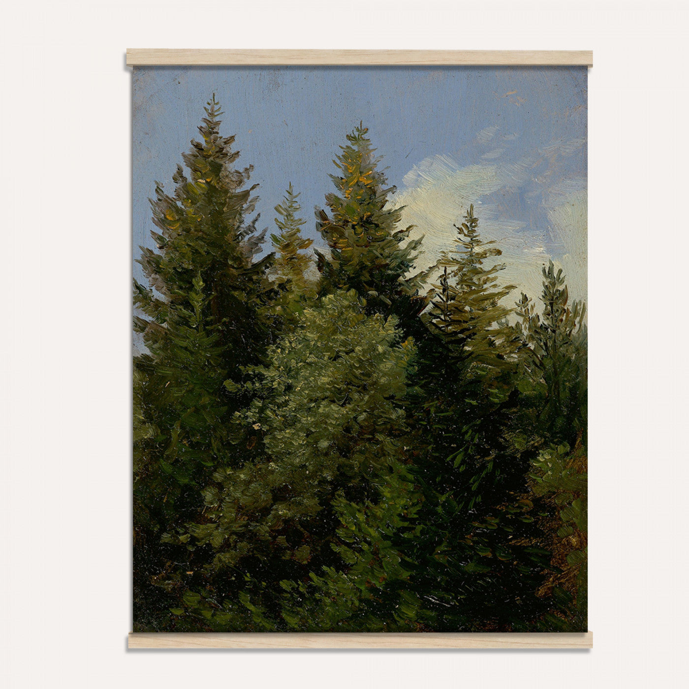 93511960-MGV-TP-24X36 - Realism oil study tapestry wall hanging of "Pine Tree Study" by Ivan Shishkin, showing a single towering pine studied in close detail, with heavy needled branches and rough bark against open forest light in deep evergreen needles and warm red-brown bark under soft daylight. Extra large wall art, made in the USA.