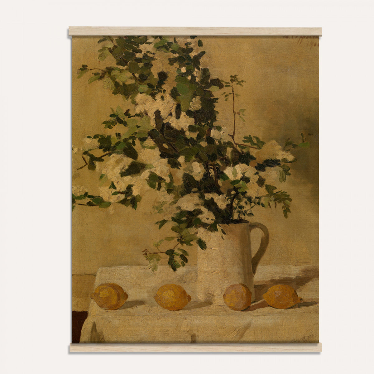 64966890-MGV-TP-24X36 - Still Life oil painting tapestry wall hanging of "Lemons and White Flowers", showing bright lemons beside a vase of white blooms on a plain table, lit softly from one side in warm yellow lemons and white petals against a soft neutral ground. Extra large wall art, made in the USA.
