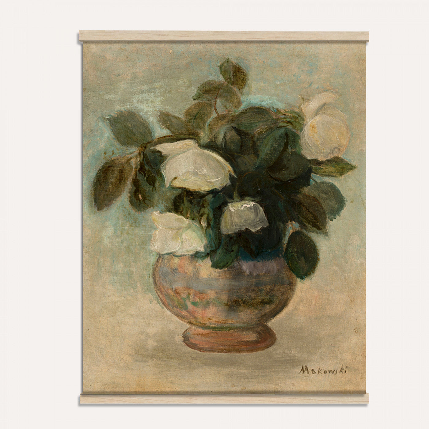 62119006-MGV-TP-24X36 - Post Impressionism oil painting tapestry wall hanging of "White Roses" by Tadeusz Makowski, showing a full bunch of white roses in a simple vase, softly lit against a plain shadowed background in creamy white rose petals and green leaves against a muted warm background. Extra large wall art, made in the USA.