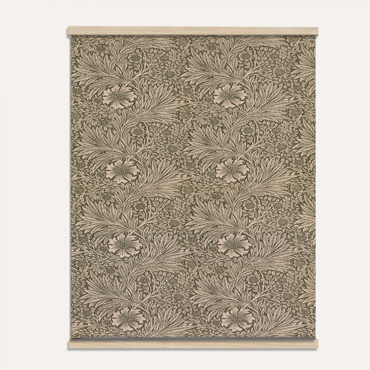 10707888-MGV-TP-24X36 - Art Nouveau pattern design tapestry wall hanging of "Marigold" by William Morris, showing a dense, perfectly balanced repeat of curling marigold blooms, scrolling stems, and layered leaf work in deep olive and sage green with warm cream botanical linework. Extra large wall art, made in the USA.