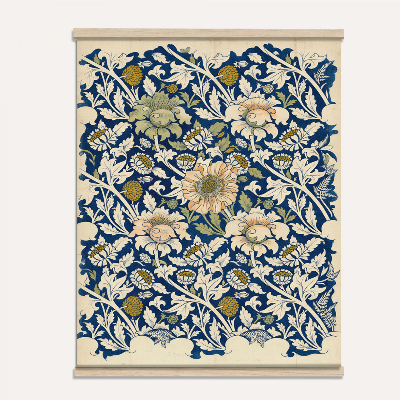 29604070-MGV-TP-24X36 - William Morris Style Botanical Tapestry Wall Art, Vintage Arts Crafts Blue Floral Fabric Hanging, Antique Indigo Flower Living Room Decor