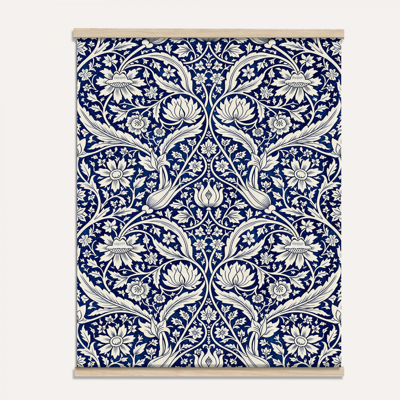 50161276-MGV-TP-24X36 - Art Nouveau pattern design tapestry wall hanging of "Indigo Botanical Pattern" by William Morris, showing trailing indigo stems, open blossoms and curling leaves repeating across the full width in deep indigo and cobalt blue with soft cream linework. Extra large wall art, made in the USA.