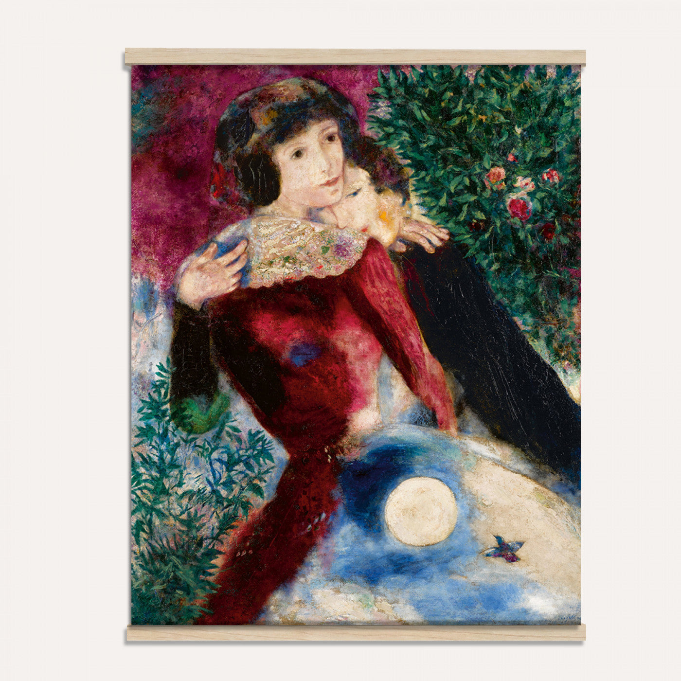 67037419-MGV-TP-24X36 - Surrealism oil painting tapestry wall hanging of "Bella with a White Collar" by Marc Chagall, showing a towering figure in a white collar above a small embracing couple, set under a soft moonlit sky in deep green foliage and soft blue sky with a pale white collar. Extra large wall art, made in the USA.