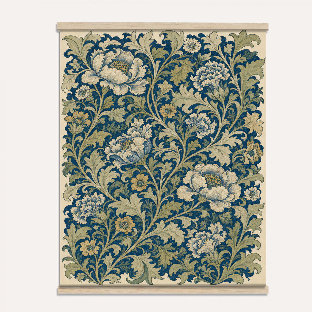 73280146-MGV-TP-24X36 - Art Nouveau pattern design tapestry wall hanging of "Sage Botanical Pattern" by William Morris, showing sage green stems, open flowers and layered foliage repeating in a balanced botanical weave in sage and olive green with soft cream botanical linework. Extra large wall art, made in the USA.