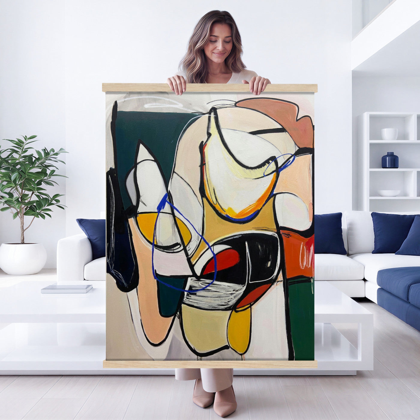 78751462-MGV-TP-24X36 - Mid Century Modern Abstract Canvas Wall Art Colorful Cubist Painting Print