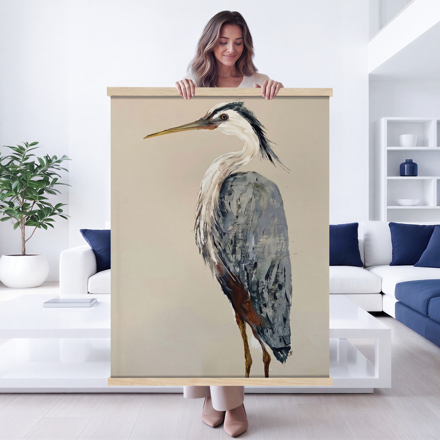 80349996-MGV-TP-24X36 - Great Blue Heron Canvas Wall Art - Coastal Bird Oil Painting Print for Home Wall Decor