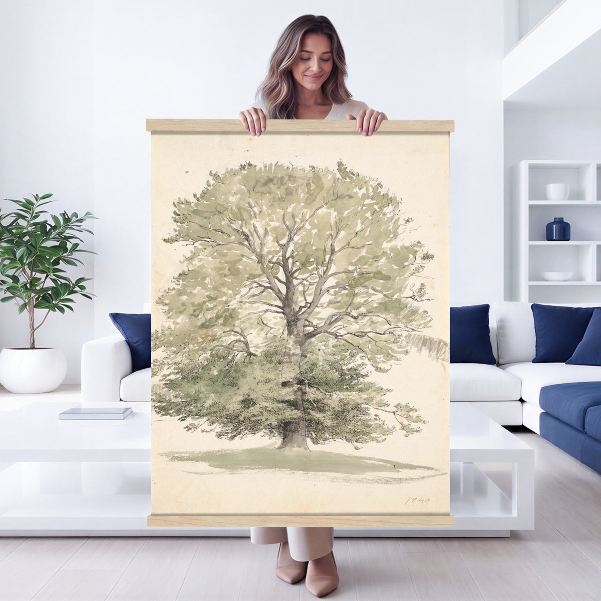 77125707-MGV-TP-24X36 - Watercolor watercolor tapestry wall hanging of "A Tree Study" by Ross Sterling Turner, showing a single spreading tree studied in warm sepia washes, with loose branch work and soft open ground beneath in warm sepia and amber washes with soft olive undertones. Extra large wall art, made in the USA.