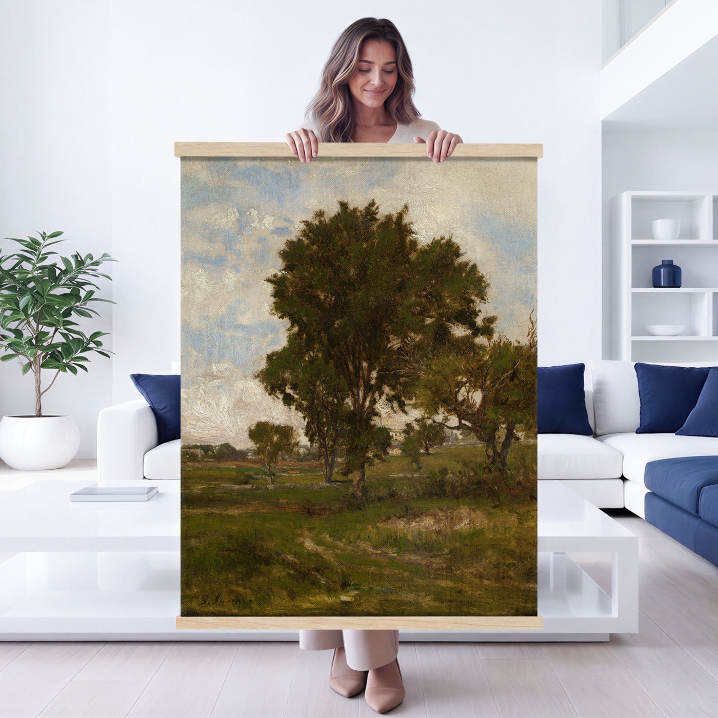 96279232-MGV-TP-24X36 - Realism oil study tapestry wall hanging of "Pine Tree Study" by Ivan Shishkin, showing a single towering pine studied in close detail, with heavy needled branches and rough bark against open forest light in deep evergreen needles and warm red-brown bark under soft daylight. Extra large wall art, made in the USA.