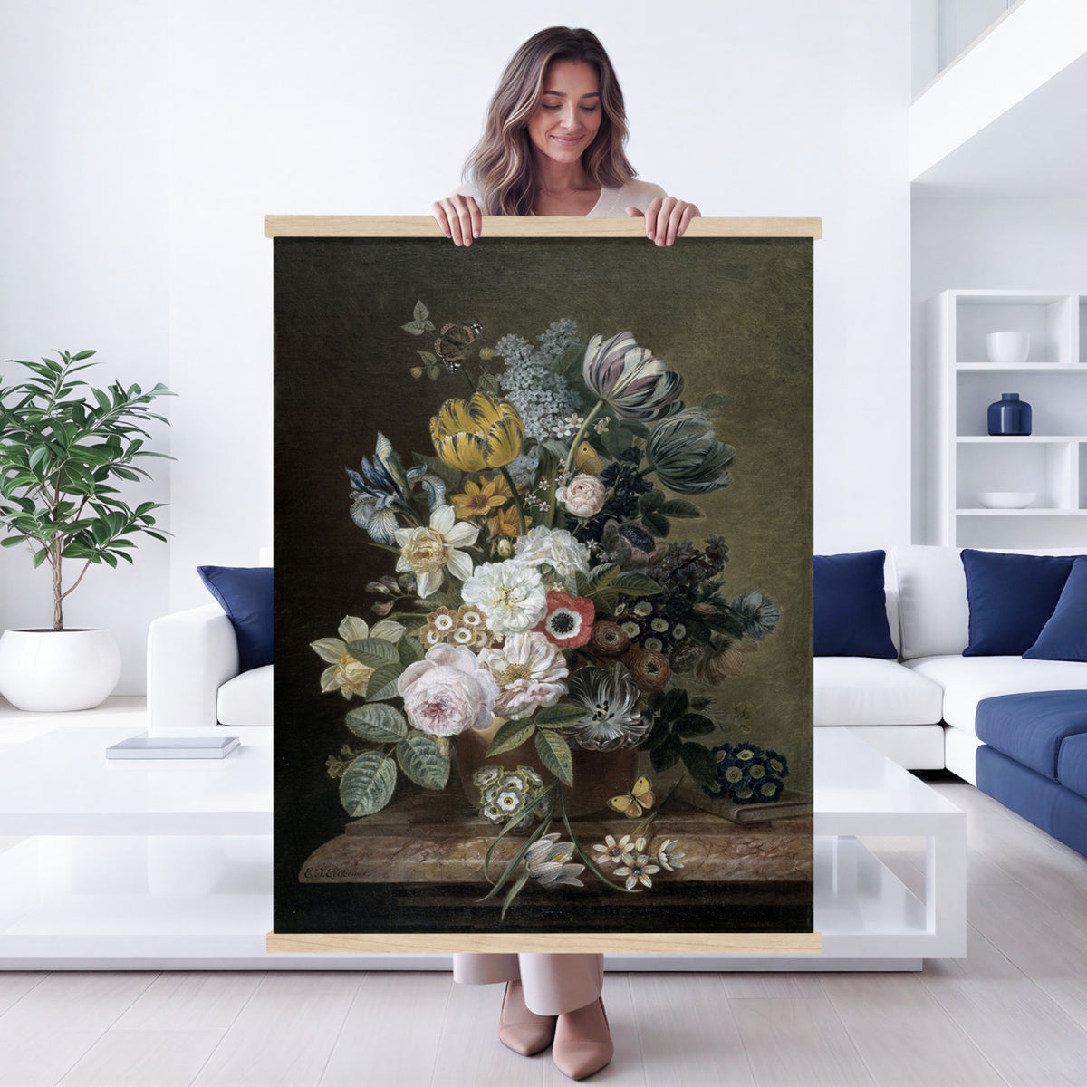 39758975-MGV-TP-24X36 - Dutch Golden Age oil painting tapestry wall hanging of "Still Life with Flowers" by Eelke Jelles Eelkema, showing a full arrangement of tulips, roses, and garden blooms spilling from a stone vase against a dark ground in deep reds, warm creams, and green foliage against a dark background. Extra large wall art, made in the USA.
