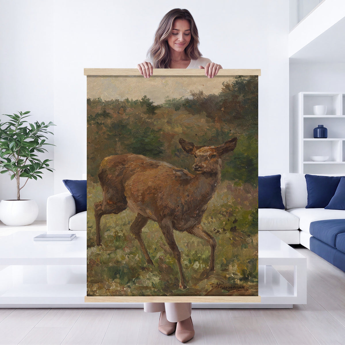 33154634-MGV-TP-24X36 - Realism oil painting tapestry wall hanging of "Rotwild" by Franz Xaver von Pausinger, showing a herd of red deer resting in a quiet clearing, tall grasses, and dark forest edges fading into soft light in warm russet deer coats against deep forest green and golden grass. Extra large wall art, made in the USA.