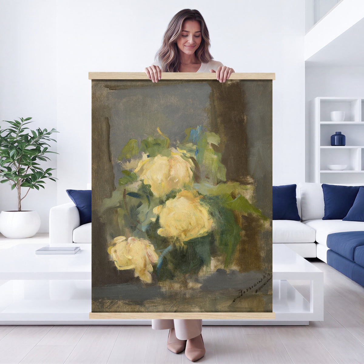 61165615-MGV-TP-24X36 - Impressionism oil painting tapestry wall hanging of "Golden Roses" by Olga Boznanska, showing a loose bunch of golden yellow roses in a glass vase, painted with soft dissolving edges against a warm ground in warm golden-yellow rose petals against a soft muted brown background. Extra large wall art, made in the USA.