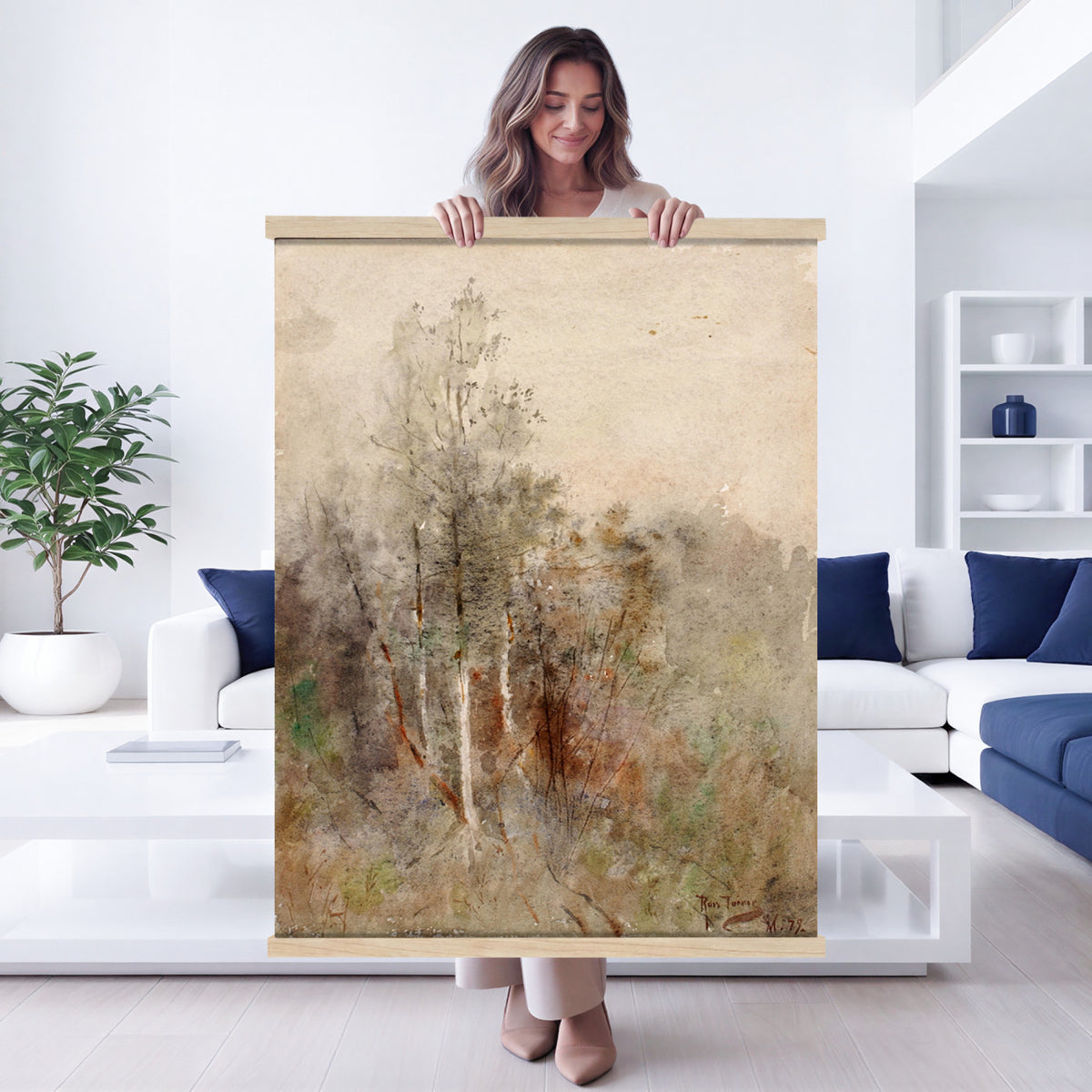 25302399-MGV-TP-24X36 - Watercolor watercolor tapestry wall hanging of "A Tree Study" by Ross Sterling Turner, showing a single spreading tree studied in warm sepia washes, with loose branch work and soft open ground beneath in warm sepia and amber washes with soft olive undertones. Extra large wall art, made in the USA.