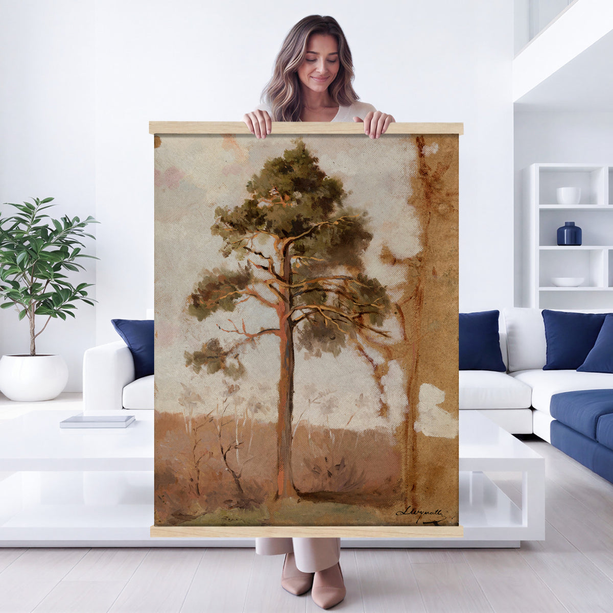 65512858-MGV-TP-24X36 - Vintage Pine Tree Canvas Wall Art, Antique Woodland Oil Painting Print, Rustic Tree Study Poster, Cottagecore Forest Decor, Country Gift