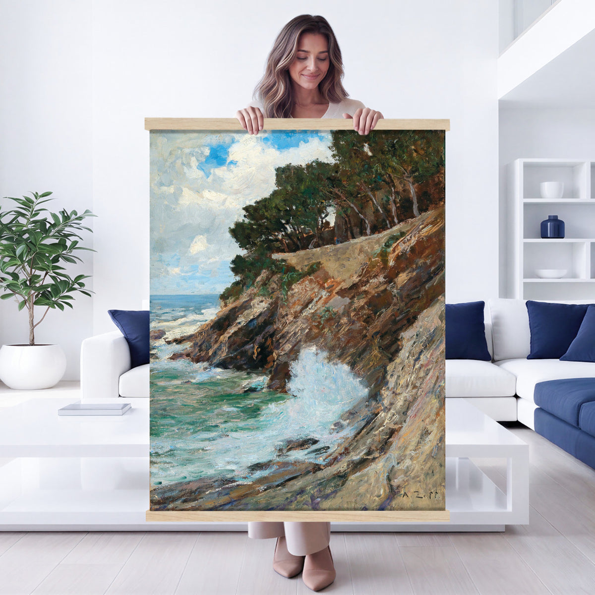 25666974-MGV-TP-24X36 - Vintage Coastal Seascape Canvas, Antique Ocean Waves Oil Painting Print, Italian Riviera Cliff Poster, Rustic Mediterranean Wall Decor