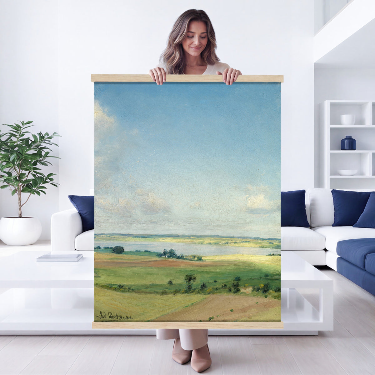 54513439-MGV-TP-24X36 - Vintage Landscape Canvas Wall Art, Antique Field Oil Painting Print, Rustic Meadow Lake Poster, Cottagecore Farmhouse Decor, Country Gift