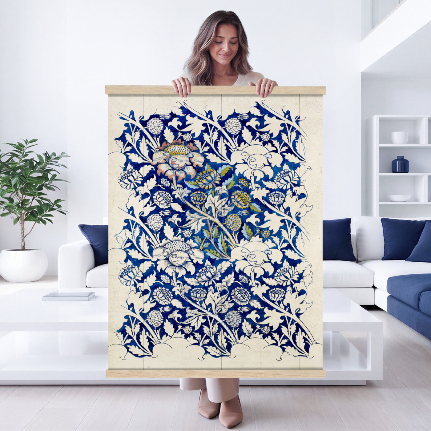 17718362-MGV-TP-24X36 - William Morris Windrush Tapestry, Indigo Blue Floral Wall Hanging Blanket, Art Nouveau Flower Pattern Art, Vintage Arts Crafts Room Gift