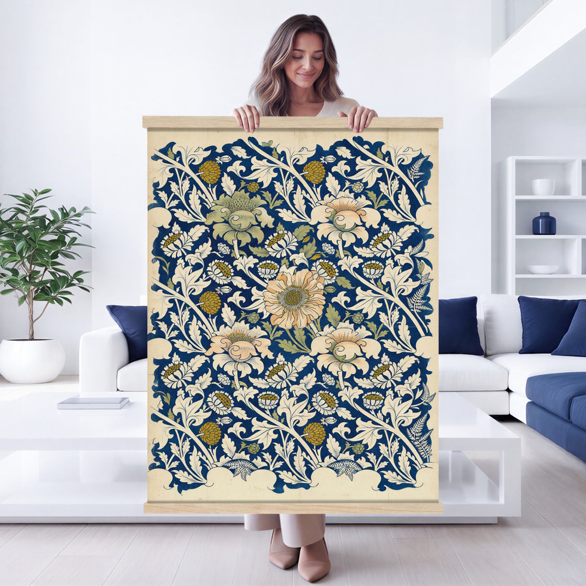 29604070-MGV-TP-24X36 - William Morris Style Botanical Tapestry Wall Art, Vintage Arts Crafts Blue Floral Fabric Hanging, Antique Indigo Flower Living Room Decor