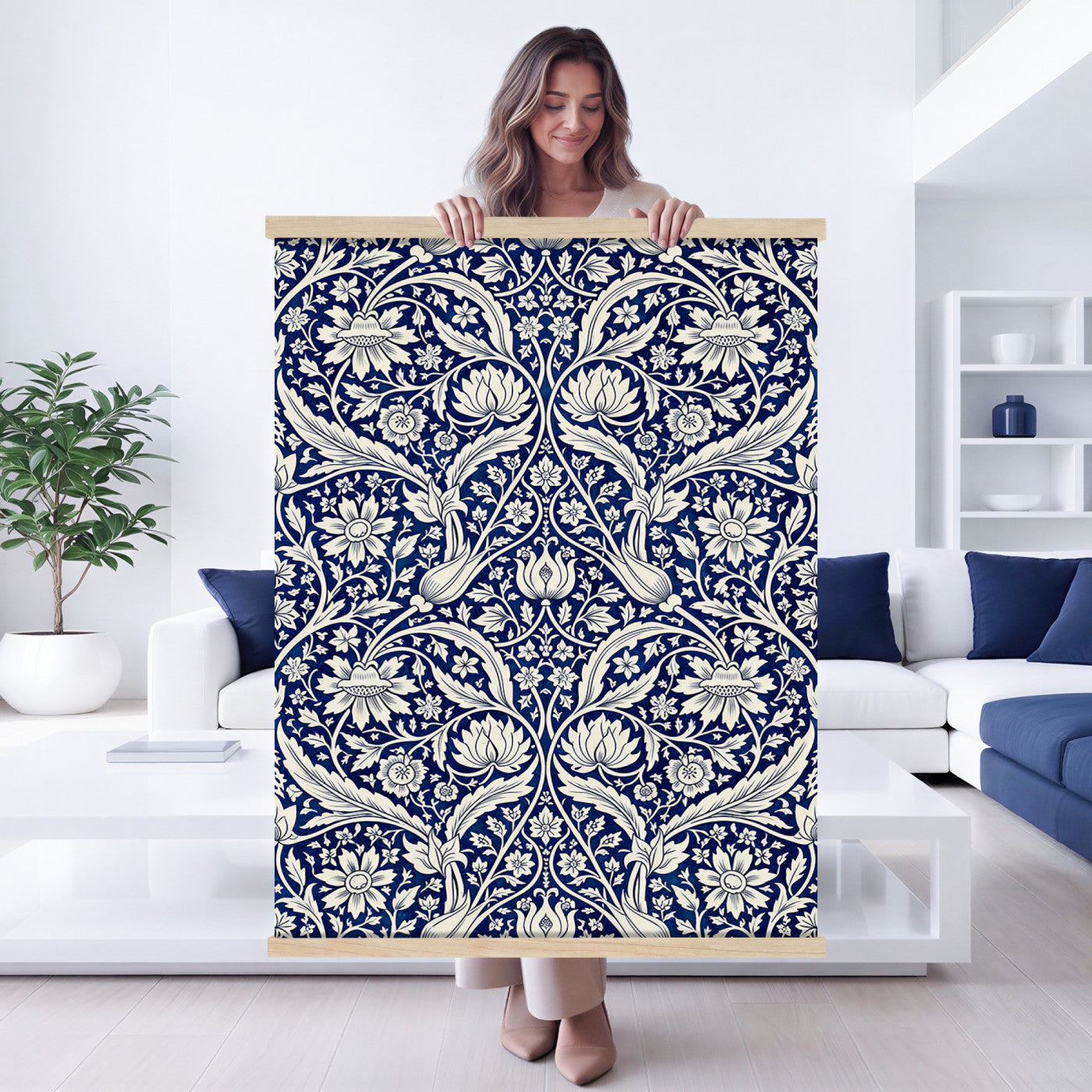 50161276-MGV-TP-24X36 - Art Nouveau pattern design tapestry wall hanging of "Indigo Botanical Pattern" by William Morris, showing trailing indigo stems, open blossoms and curling leaves repeating across the full width in deep indigo and cobalt blue with soft cream linework. Extra large wall art, made in the USA.