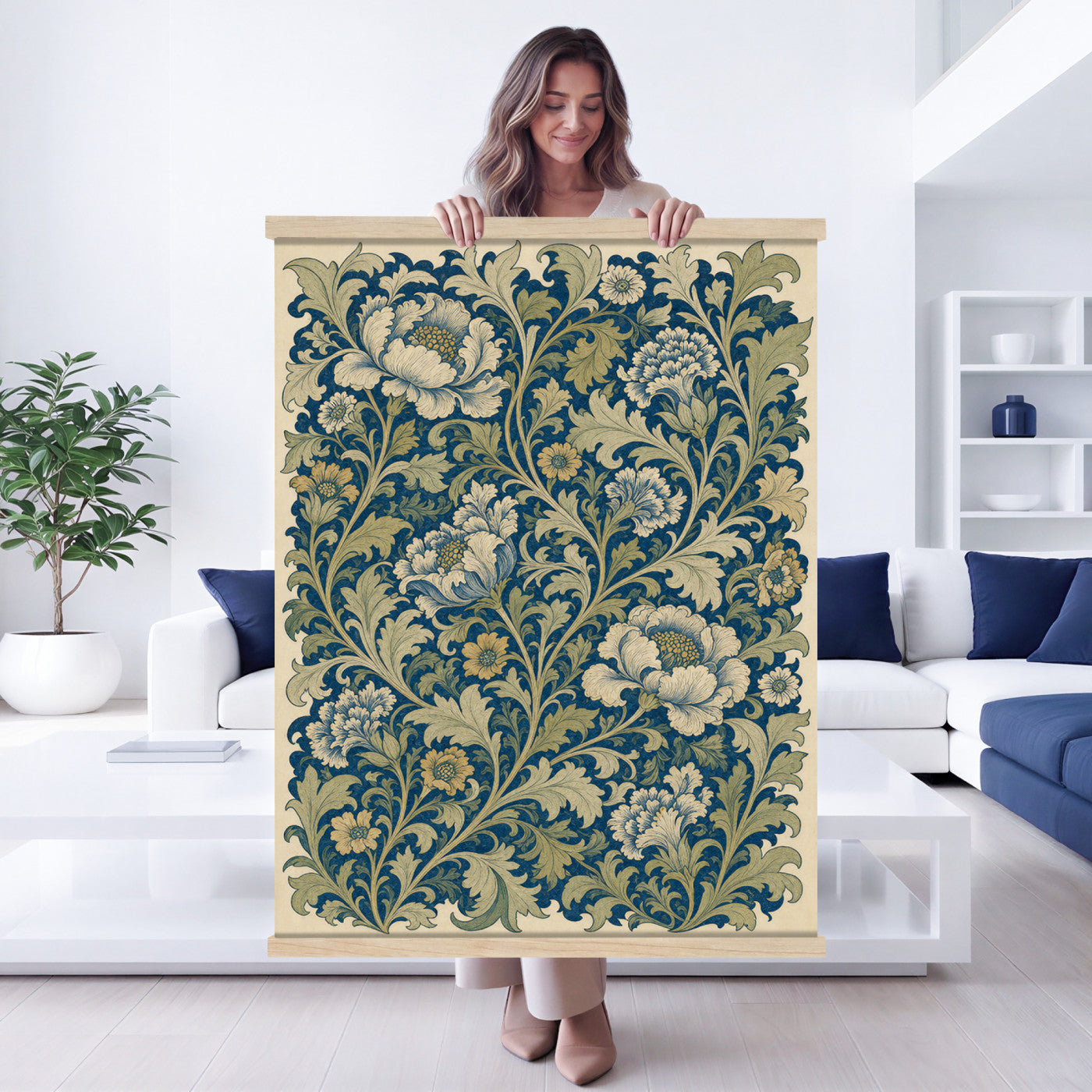 73280146-MGV-TP-24X36 - Art Nouveau pattern design tapestry wall hanging of "Sage Botanical Pattern" by William Morris, showing sage green stems, open flowers and layered foliage repeating in a balanced botanical weave in sage and olive green with soft cream botanical linework. Extra large wall art, made in the USA.